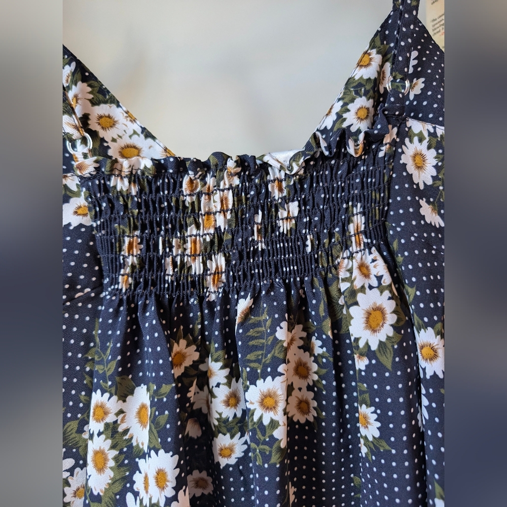 Y2K Women's Mini Slip Dress Floral Daisy Navy Blue White Polka Dot Size Large - Picture 9 of 10
